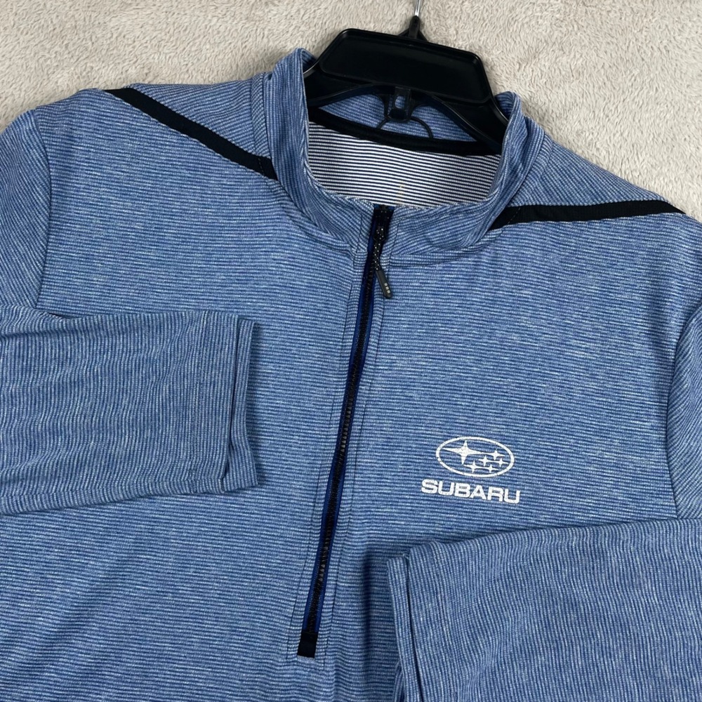 Subaru Quarter Zip Pullover Mens Medium Blue Striped Elevate Performance READ